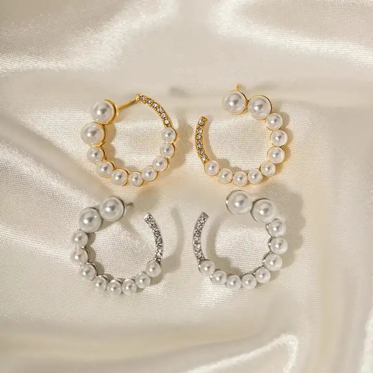 1 Pair Elegant Simple Style Circle Polishing Plating Stainless Steel Artificial Pearls Zircon 18k Gold Plated Ear Studs