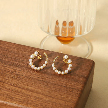 1 Pair Elegant Simple Style Circle Polishing Plating Stainless Steel Artificial Pearls Zircon 18k Gold Plated Ear Studs