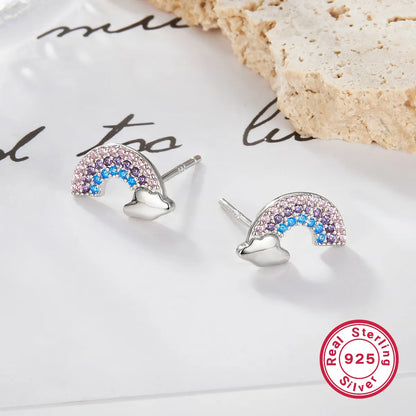 1 Pair Elegant Simple Style Clouds Rainbow Plating Inlay Sterling Silver Zircon Rhodium Plated Ear Studs