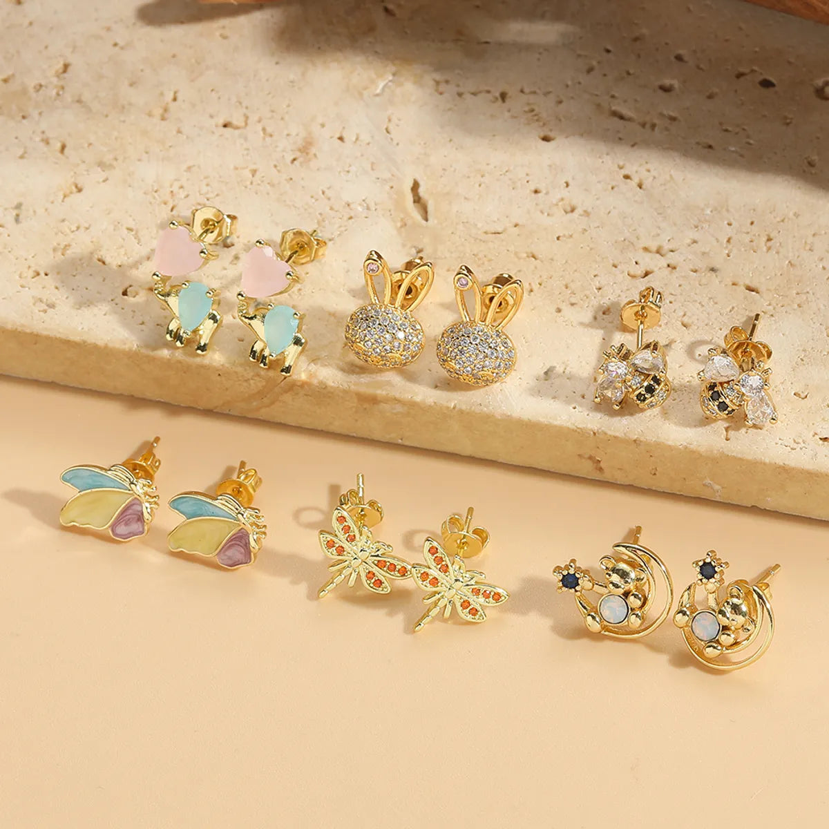 1 Pair Elegant Simple Style Commute Animal Dragonfly Enamel Inlay Copper Zircon 14K Gold Plated Ear Studs