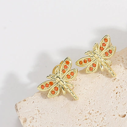 1 Pair Elegant Simple Style Commute Animal Dragonfly Enamel Inlay Copper Zircon 14K Gold Plated Ear Studs