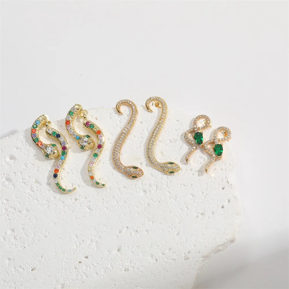 1 Pair Elegant Simple Style Commute Animal Snake Inlay Copper Zircon 14K Gold Plated Ear Studs