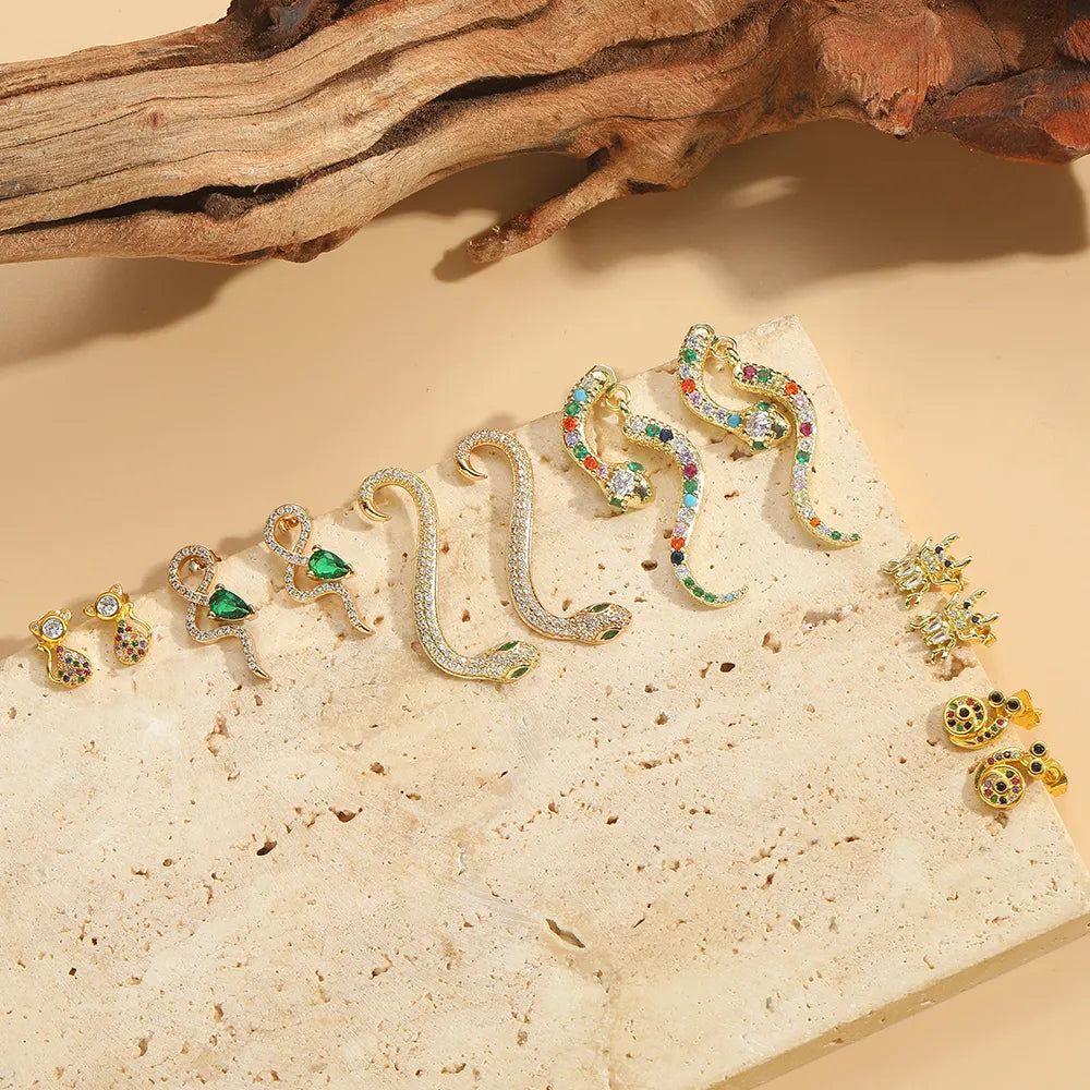 1 Pair Elegant Simple Style Commute Animal Snake Inlay Copper Zircon 14K Gold Plated Ear Studs