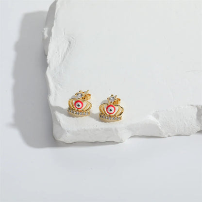 1 Pair Elegant Simple Style Commute Devil'S Eye Crown Enamel Inlay Copper Zircon 14K Gold Plated Ear Studs