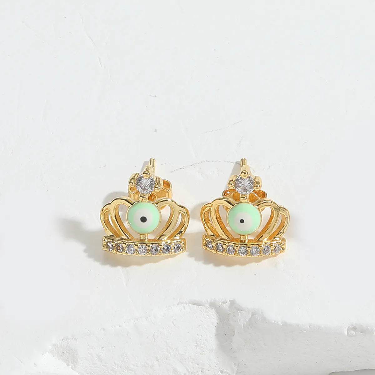 1 Pair Elegant Simple Style Commute Devil'S Eye Crown Enamel Inlay Copper Zircon 14K Gold Plated Ear Studs