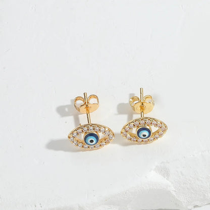 1 Pair Elegant Simple Style Commute Devil'S Eye Crown Enamel Inlay Copper Zircon 14K Gold Plated Ear Studs