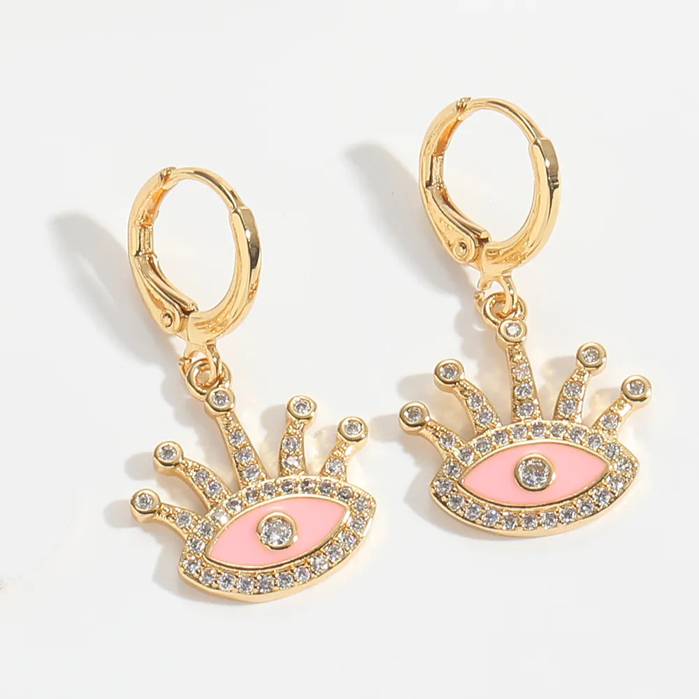 1 Pair Elegant Simple Style Commute Devil'S Eye Enamel Hollow Out Inlay Copper Zircon 14K Gold Plated Drop Earrings