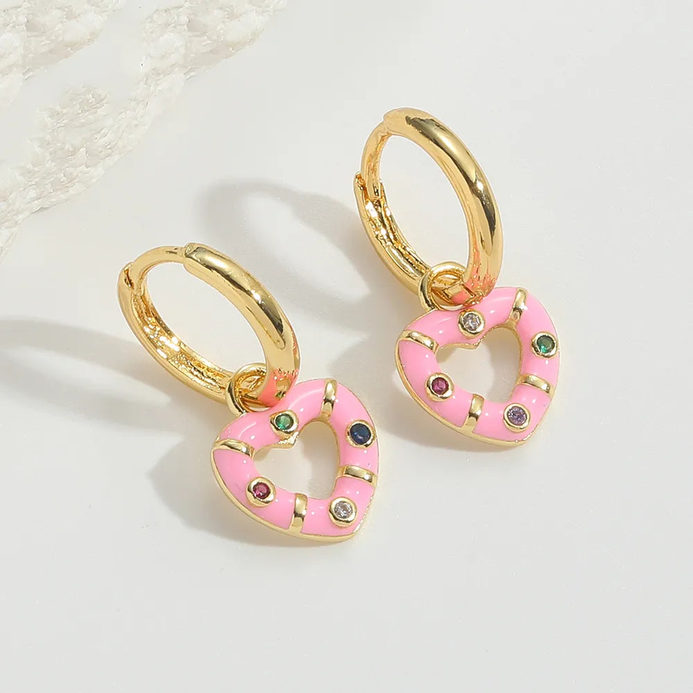 1 Pair Elegant Simple Style Commute Heart Shape Enamel Hollow Out Inlay Copper Zircon 14K Gold Plated Drop Earrings