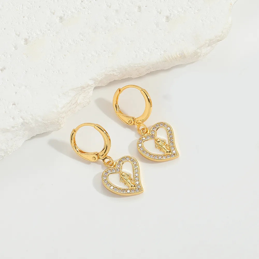 1 Pair Elegant Simple Style Commute Human Heart Shape Flower Enamel Inlay Copper Zircon 14K Gold Plated Drop Earrings