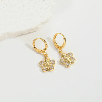 1 Pair Elegant Simple Style Commute Human Heart Shape Flower Enamel Inlay Copper Zircon 14K Gold Plated Drop Earrings