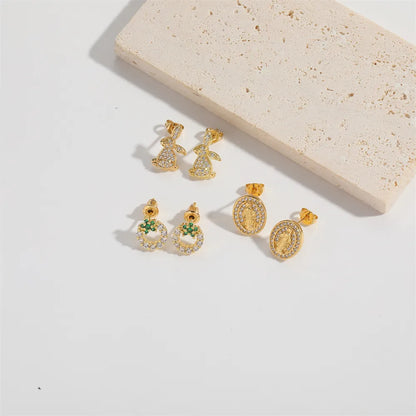 1 Pair Elegant Simple Style Commute Human Rabbit Enamel Inlay Copper Zircon 14K Gold Plated Ear Studs