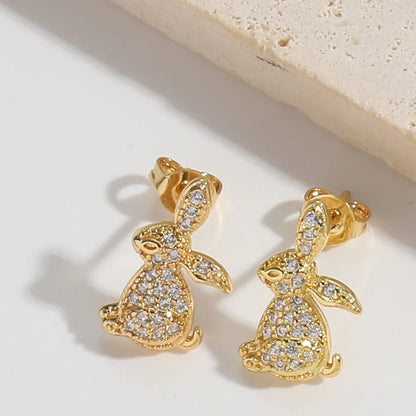 1 Pair Elegant Simple Style Commute Human Rabbit Enamel Inlay Copper Zircon 14K Gold Plated Ear Studs