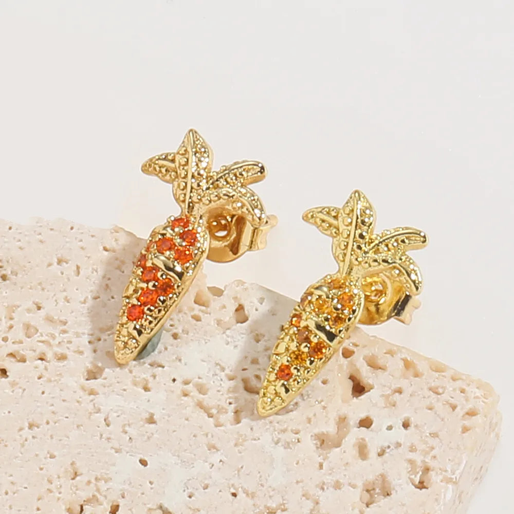 1 Pair Elegant Simple Style Commute Human Rabbit Enamel Inlay Copper Zircon 14K Gold Plated Ear Studs