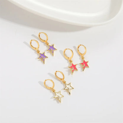 1 Pair Elegant Simple Style Commute Pentagram Heart Shape Eye Enamel Inlay Copper Zircon 14K Gold Plated Drop Earrings