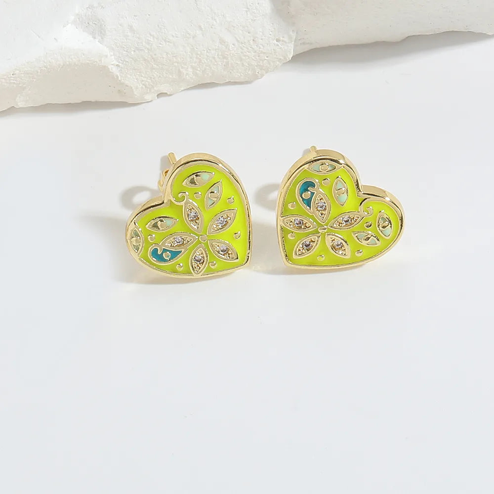 1 Pair Elegant Simple Style Commute Round Heart Shape Flower Enamel Inlay Copper Zircon 14K Gold Plated Ear Studs