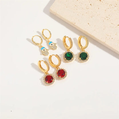 1 Pair Elegant Simple Style Commute Round Palm Eye Enamel Inlay Copper Zircon 14K Gold Plated Drop Earrings