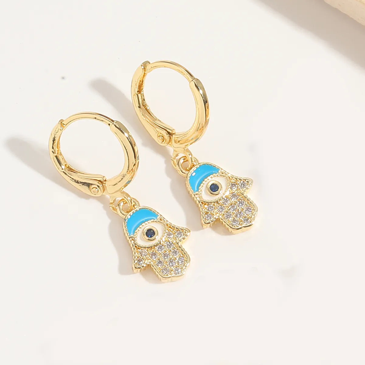 1 Pair Elegant Simple Style Commute Round Palm Eye Enamel Inlay Copper Zircon 14K Gold Plated Drop Earrings