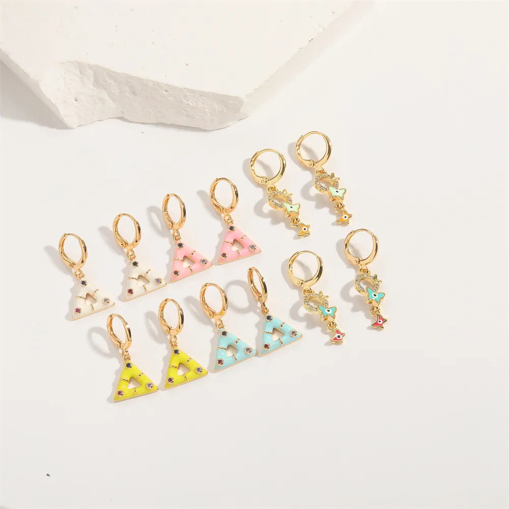 1 Pair Elegant Simple Style Commute Triangle Butterfly Enamel Inlay Copper Zircon 14K Gold Plated Drop Earrings