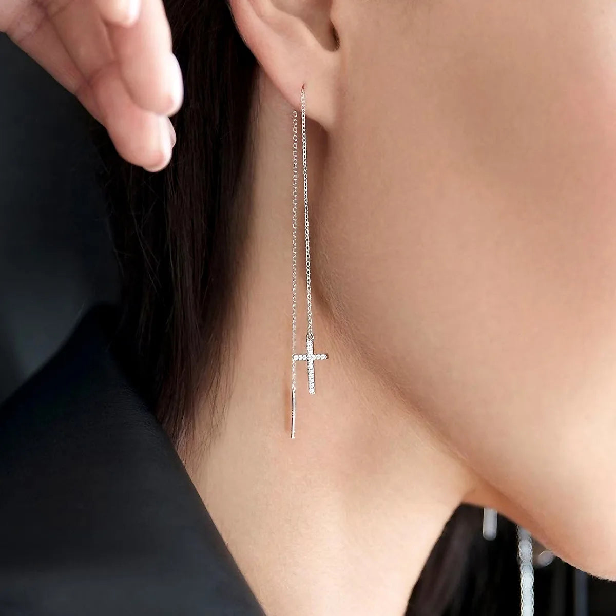 1 Pair Elegant Simple Style Cross Plating Inlay Sterling Silver Zircon 18k Gold Plated White Gold Plated Ear Line