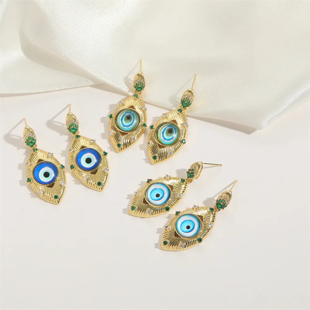 1 Pair Elegant Simple Style Devil'S Eye Plating Inlay Copper Zircon 14K Gold Plated Drop Earrings