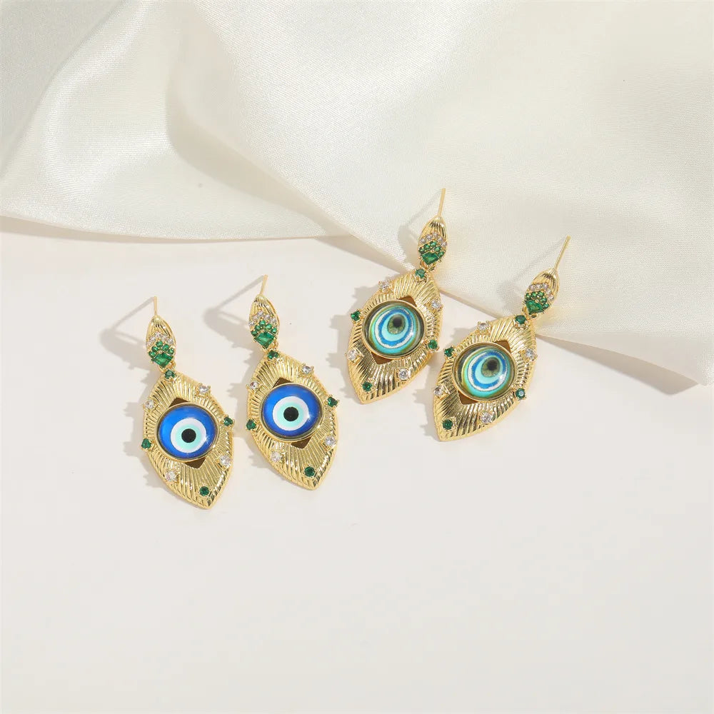 1 Pair Elegant Simple Style Devil'S Eye Plating Inlay Copper Zircon 14K Gold Plated Drop Earrings