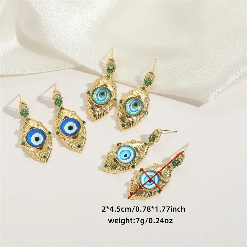 1 Pair Elegant Simple Style Devil'S Eye Plating Inlay Copper Zircon 14K Gold Plated Drop Earrings