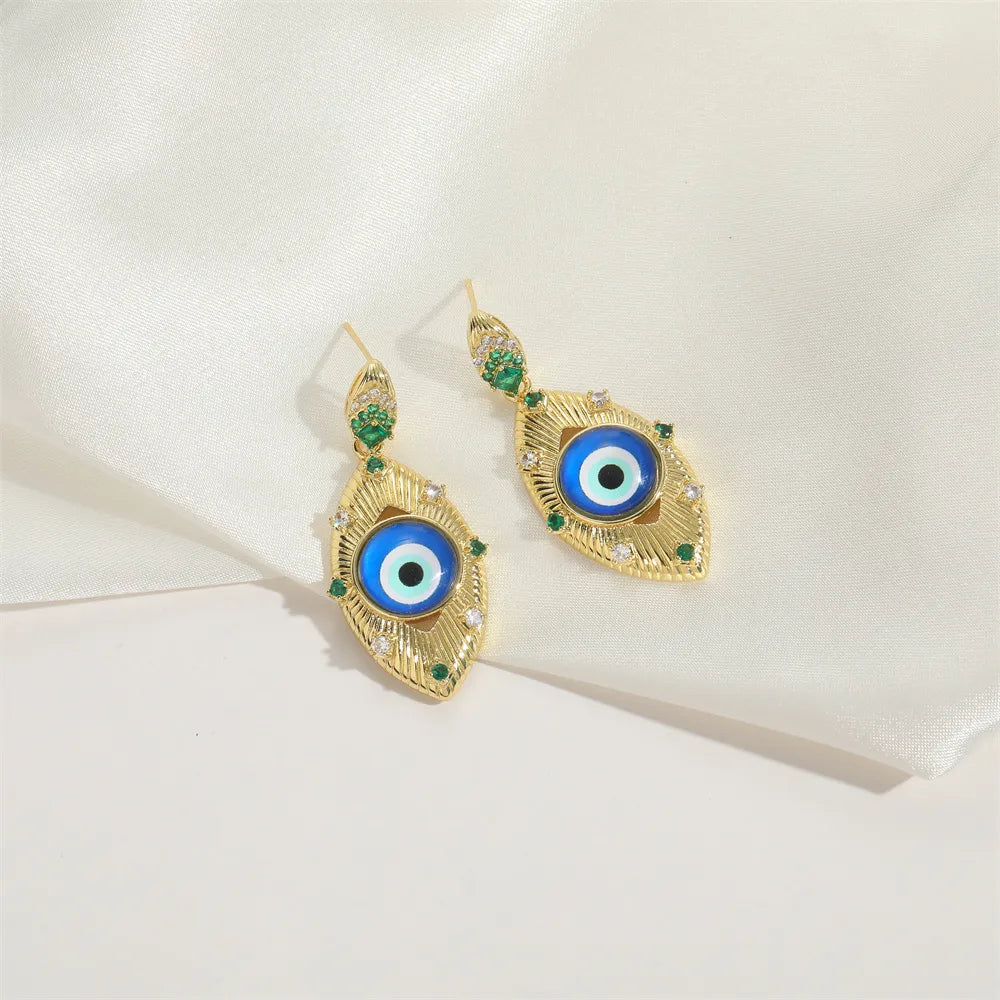 1 Pair Elegant Simple Style Devil'S Eye Plating Inlay Copper Zircon 14K Gold Plated Drop Earrings