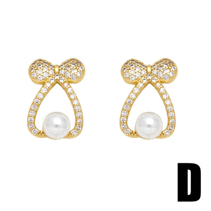 1 Pair Elegant Simple Style Flower Bow Knot Plating Inlay Copper Artificial Pearls Zircon 18k Gold Plated Ear Studs