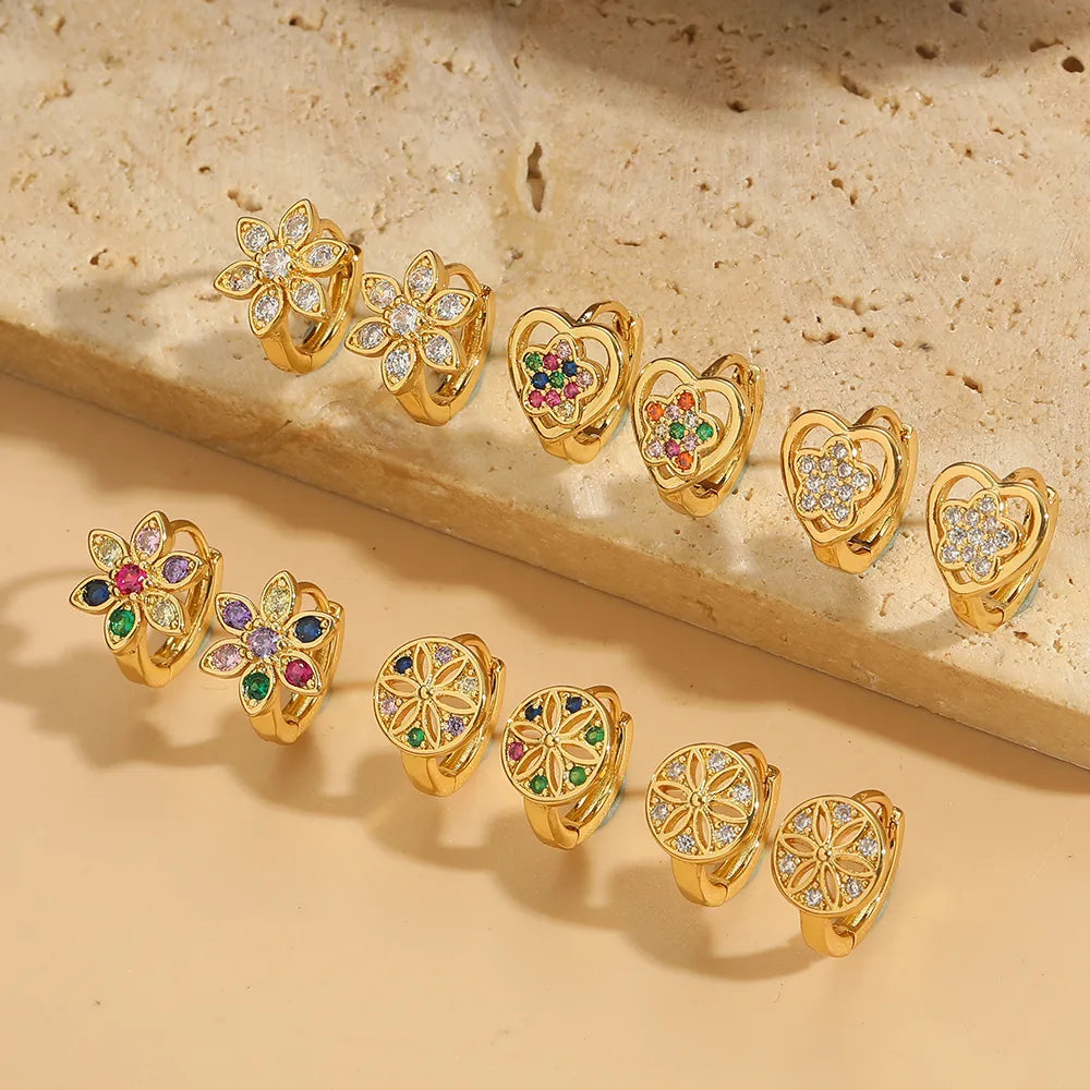 1 Pair Elegant Simple Style Flower Flowers Copper Zircon 14K Gold Plated Earrings