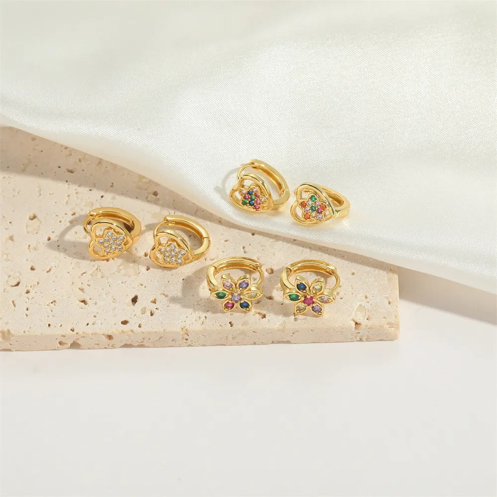 1 Pair Elegant Simple Style Flower Flowers Copper Zircon 14K Gold Plated Earrings