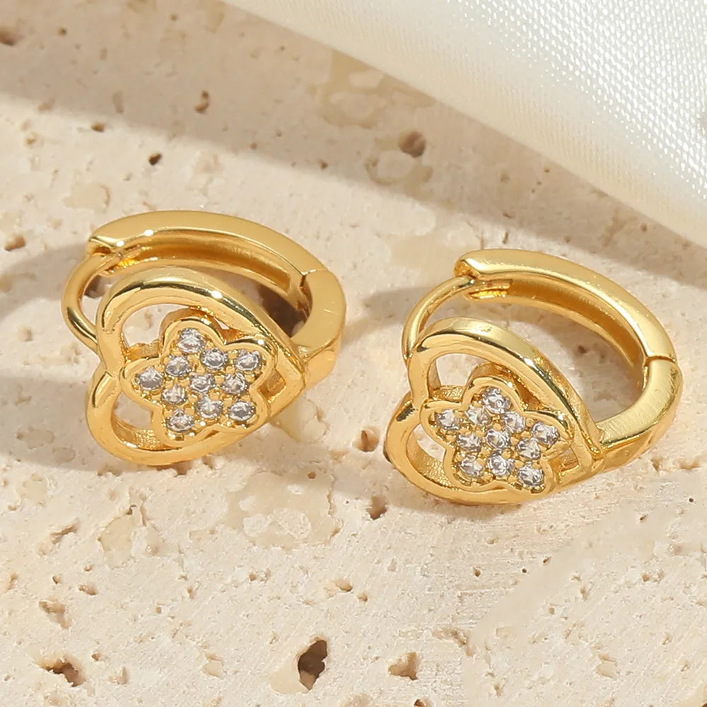 1 Pair Elegant Simple Style Flower Flowers Copper Zircon 14K Gold Plated Earrings