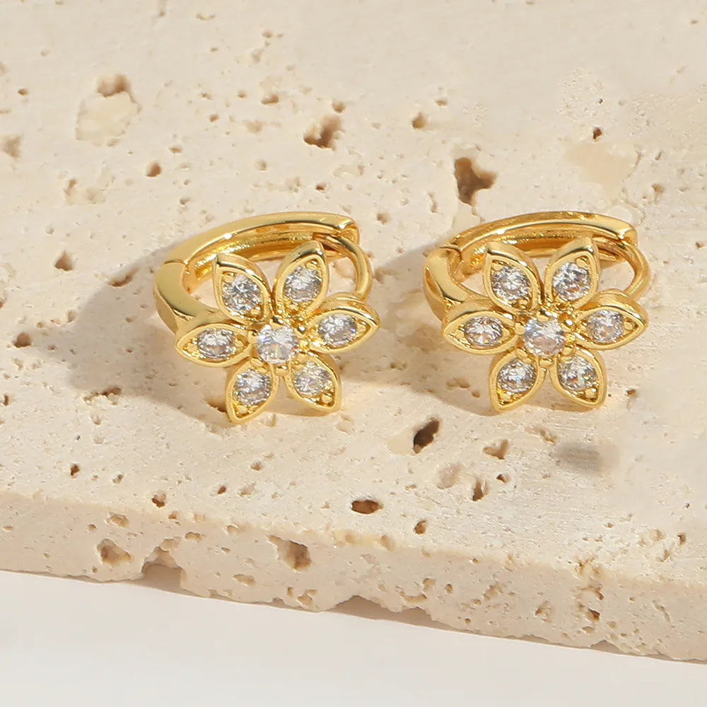 1 Pair Elegant Simple Style Flower Flowers Copper Zircon 14K Gold Plated Earrings