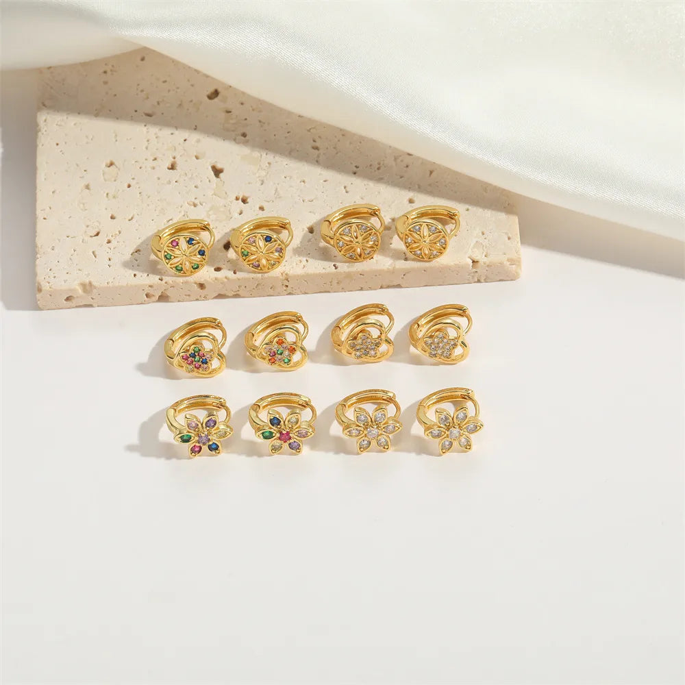 1 Pair Elegant Simple Style Flower Flowers Copper Zircon 14K Gold Plated Earrings