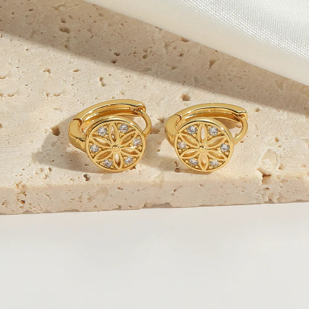 1 Pair Elegant Simple Style Flower Flowers Copper Zircon 14K Gold Plated Earrings