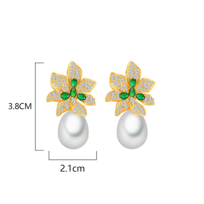 1 Pair Elegant Simple Style Flower Plating Inlay Copper Pearl Zircon White Gold Plated Drop Earrings