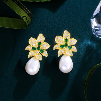 1 Pair Elegant Simple Style Flower Plating Inlay Copper Pearl Zircon White Gold Plated Drop Earrings