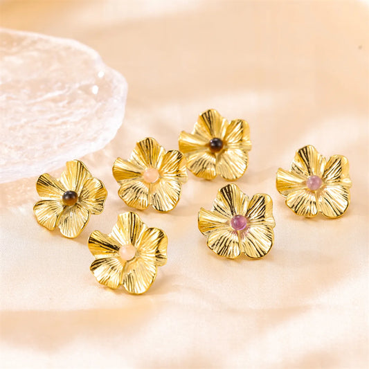 1 Pair Elegant Simple Style Flower Plating Inlay Stainless Steel Natural Stone 18k Gold Plated Ear Studs