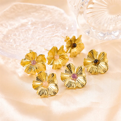 1 Pair Elegant Simple Style Flower Plating Inlay Stainless Steel Natural Stone 18k Gold Plated Ear Studs