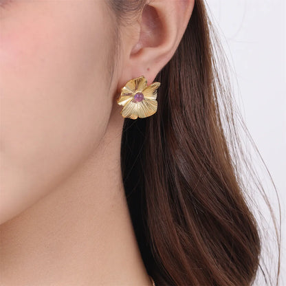 1 Pair Elegant Simple Style Flower Plating Inlay Stainless Steel Natural Stone 18k Gold Plated Ear Studs