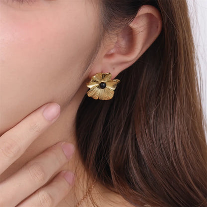 1 Pair Elegant Simple Style Flower Plating Inlay Stainless Steel Natural Stone 18k Gold Plated Ear Studs