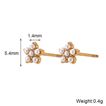 1 Pair Elegant Simple Style Flower Plating Inlay 304 Stainless Steel Rhinestones Pearl 18K Gold Plated Ear Studs