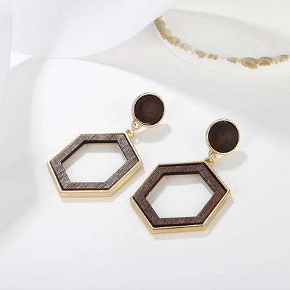 1 Pair Elegant Simple Style Geometric Asymmetrical Irregular Alloy Wood Drop Earrings