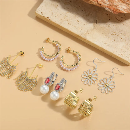 1 Pair Elegant Simple Style Geometric Flower Tassel Plating Brass Artificial Pearls Zircon 14k Gold Plated Drop Earrings Ear Studs