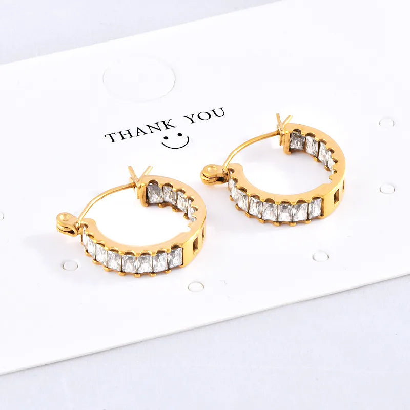 1 Pair Elegant Simple Style Geometric Inlay 304 Stainless Steel Rhinestones 18K Gold Plated Earrings