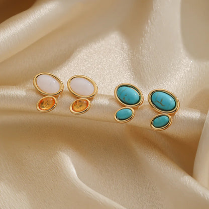 1 Pair Elegant Simple Style Geometric Inlay Copper Resin Turquoise 18k Gold Plated Ear Studs