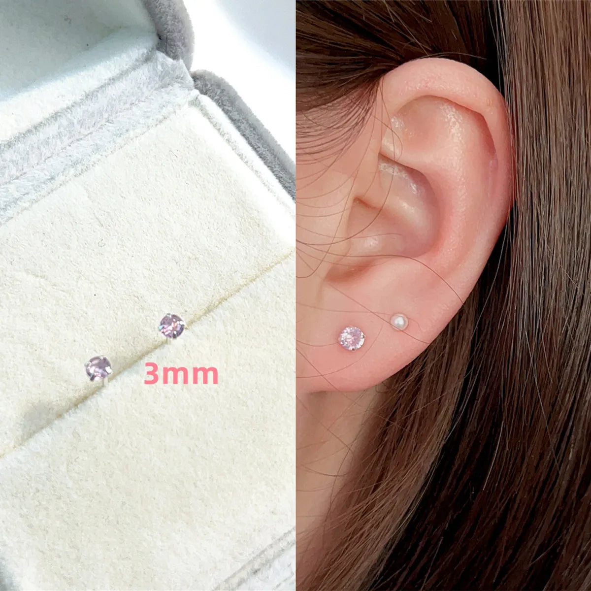 S925 Sterling Silver Needle Pink Diamond Stud Earrings Female Compact Mini 3a Grade Zircon Ear Bone Stud Sleeping No Need To Take Off Ear-Caring Earrings