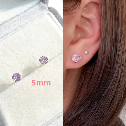 S925 Sterling Silver Needle Pink Diamond Stud Earrings Female Compact Mini 3a Grade Zircon Ear Bone Stud Sleeping No Need To Take Off Ear-Caring Earrings