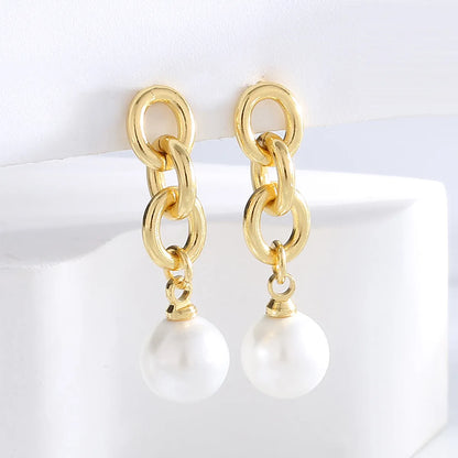 1 Pair Elegant Simple Style Geometric Plating Inlay Copper Artificial Pearls 18k Gold Plated Earrings