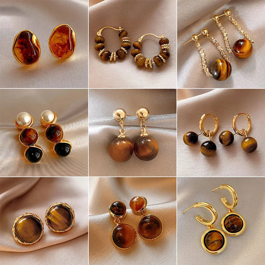 1 Pair Elegant Simple Style Geometric Plating Tiger Eye Drop Earrings Ear Studs