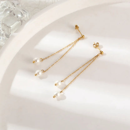 1 Pair Elegant Simple Style Geometric Tassel Plating Stainless Steel Artificial Pearls 18k Gold Plated Drop Earrings